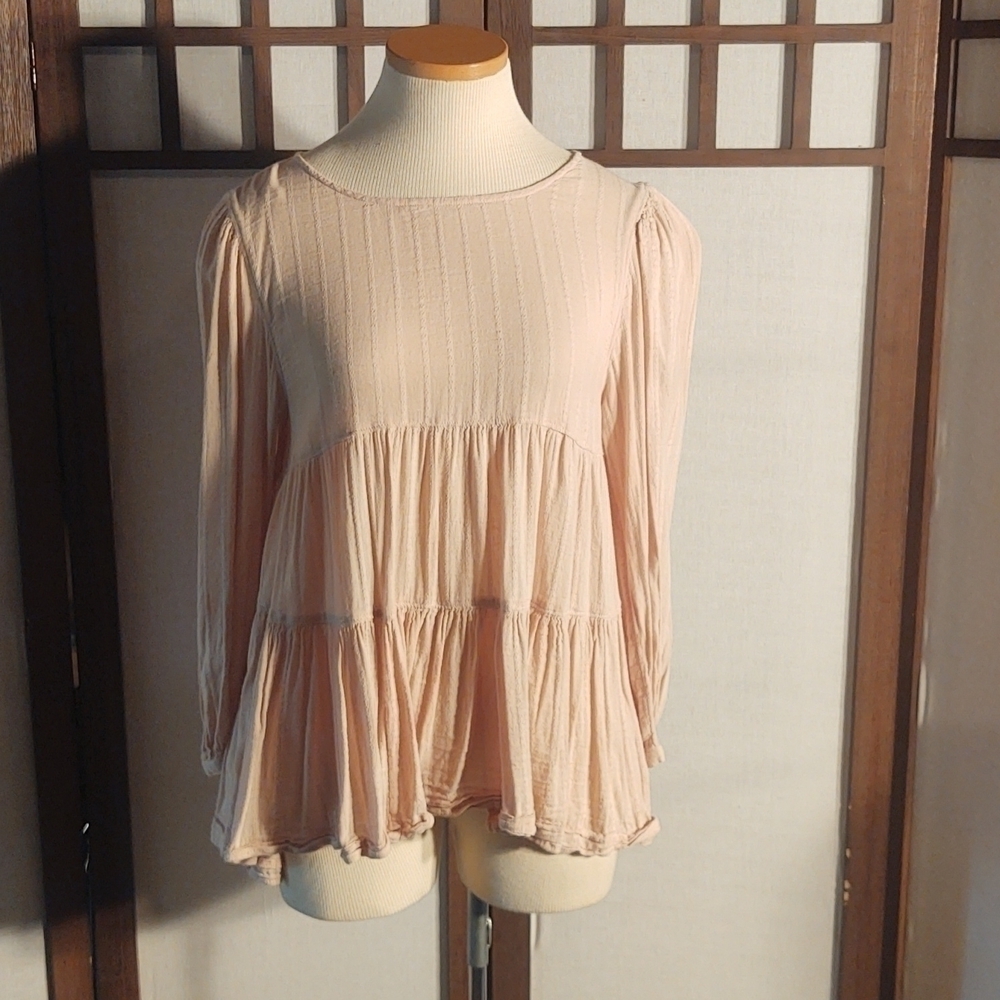 American Eagle Tiered Cream Oversized Long Sleeve Blouse Sz S